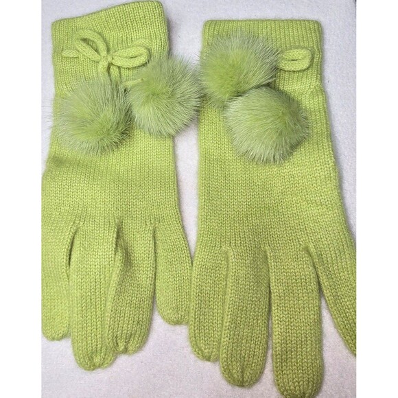 Green Cashmere Gloves With Mink Pom Poms - Picture 1 of 3